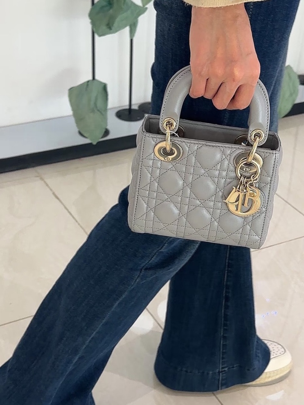 Dior Mini Lady Dior Leather Top-Handle Bag in Light Gray - Picture 4 of 13